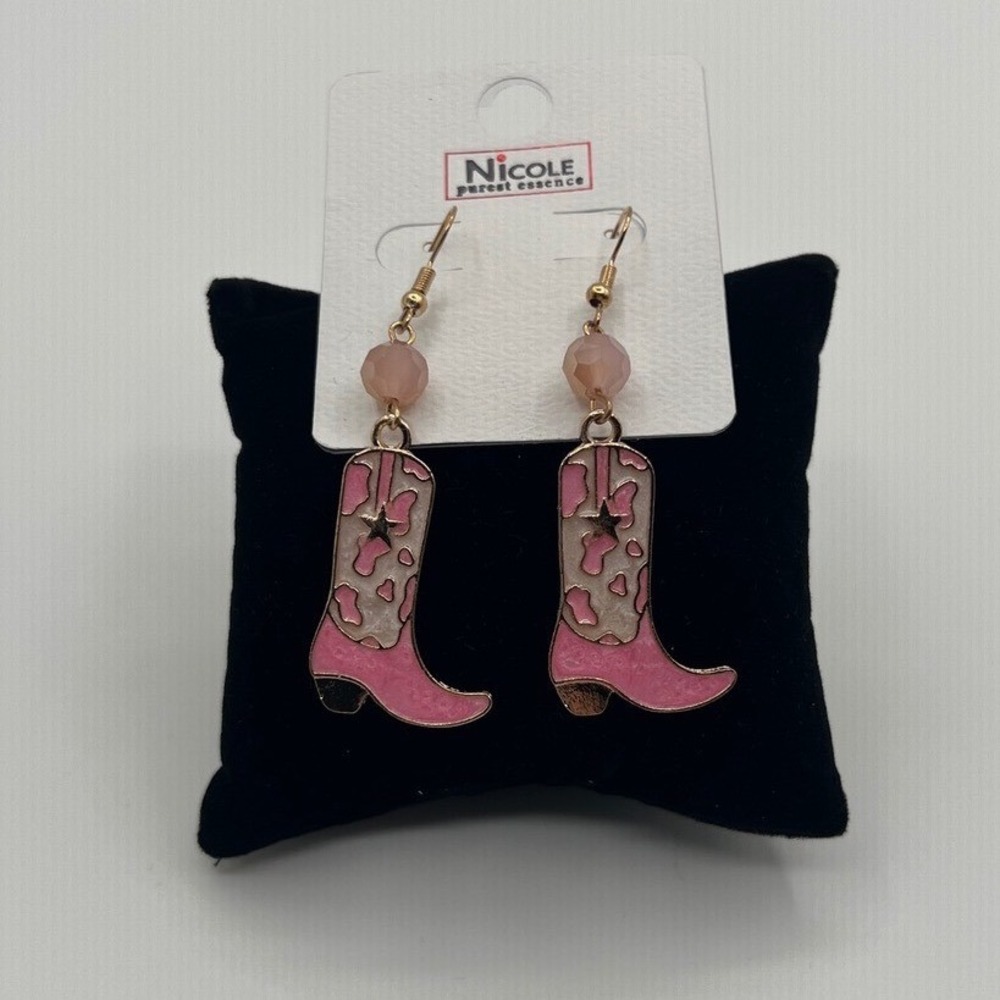 Nicole Purest Essence Pink Cow Print Cowboy Boot Dangle Earrings CR4018 NEW